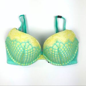 VS 32DD Very Sexy Push Up Bra Blue Green Fishnet